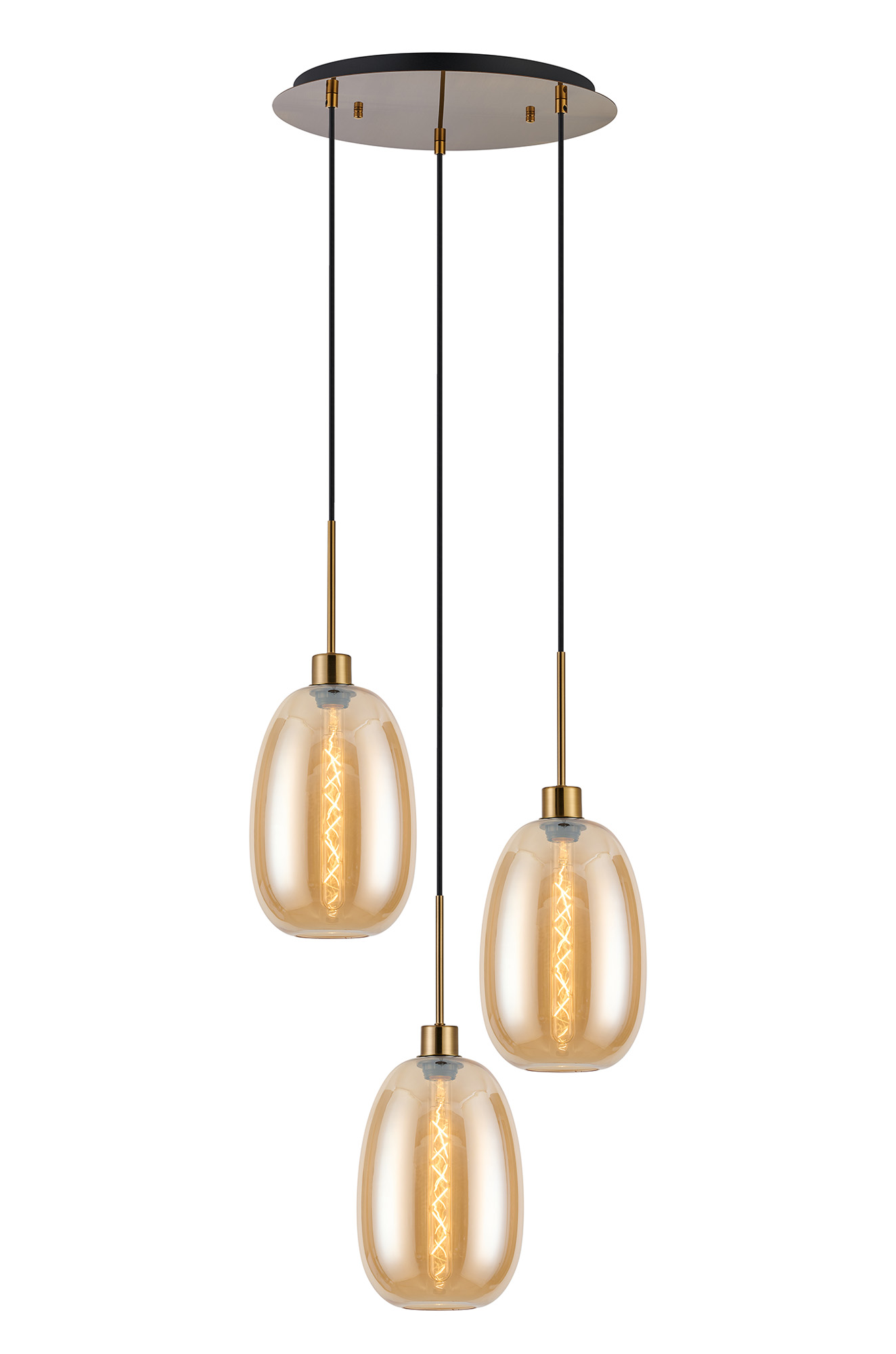 DK1173  Lori 40cm Round Pendant, 3 Light Adjustable E27, Antique Gold/Amber Slim Curved Trapezium Shades